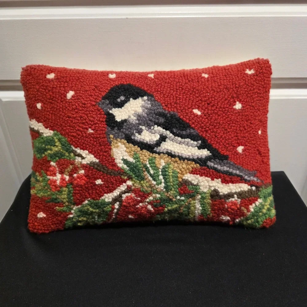 Vintage Hand Hooked Wool Chickadee Bird Accent Pillow, Red, Christmas Decor